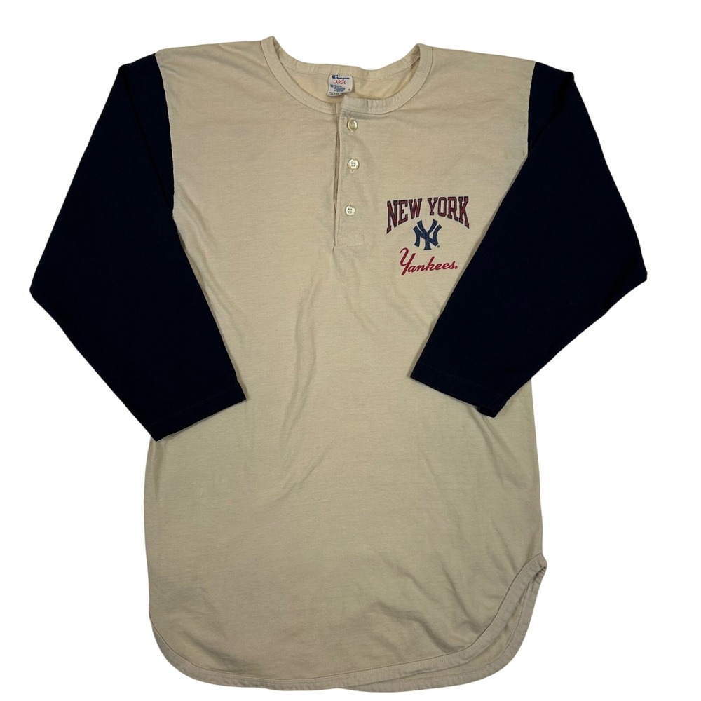 Vintage Champion New York Yankees Henley Jersey Tan Navy Blue Large Made in USA